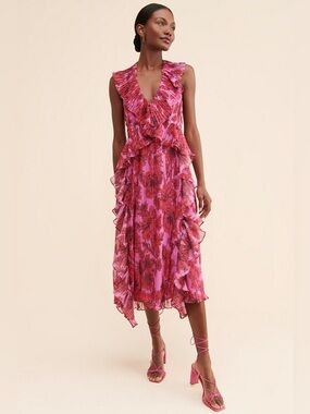 Anthropologie La Maison Talulah Rose all day pink red floral ruffle dress
